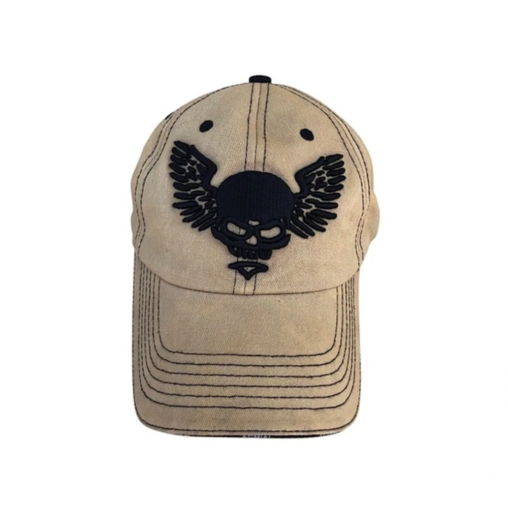Aerial Tan Black Bold‎ Skull With Wings Adjustable Baseball Hat Cap